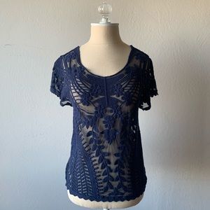 Express Top with Embroidery and Sheer Detail Navy